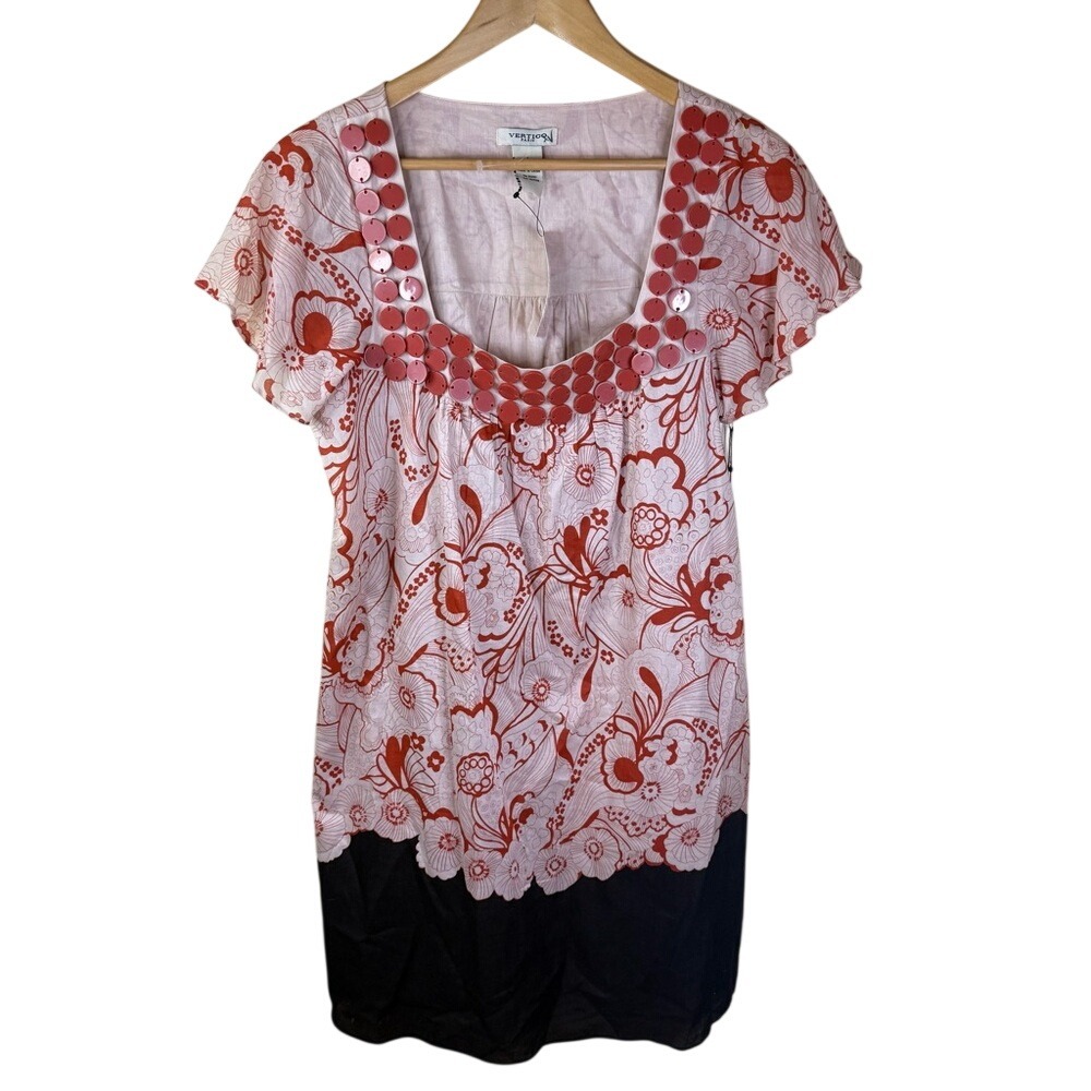 NWT Vertigo Paris Size Large Shift Dress with Floral Abstract Pattern Beaded